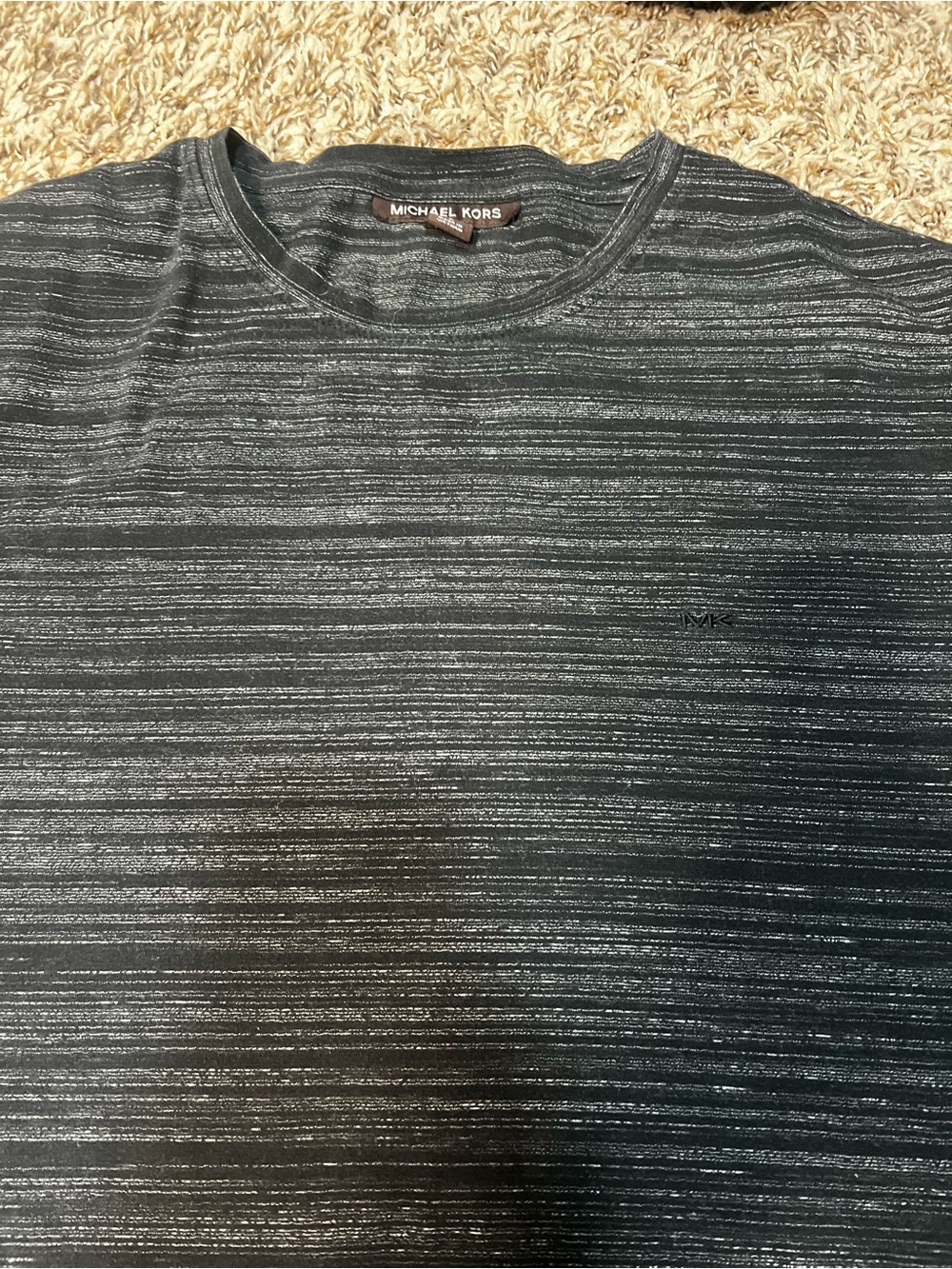 Michael Kors Men’s Charcoal and Gray Striped Crewneck Tee